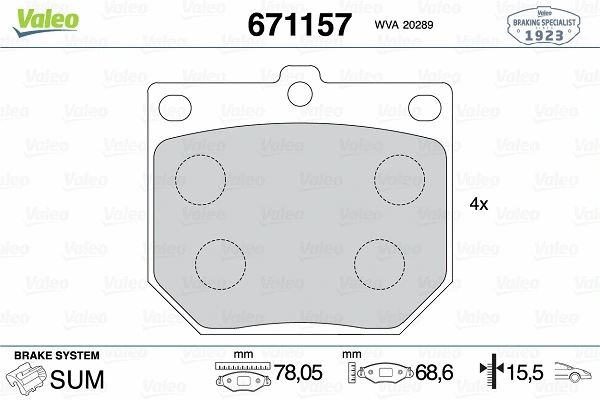 671157 VALEO Комплект тормозных колодок, дисковый тормоз (фото 1)