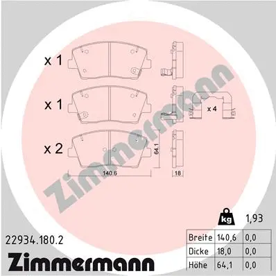 22934.180.2 ZIMMERMANN Комплект тормозных колодок, дисковый тормоз (фото 1)