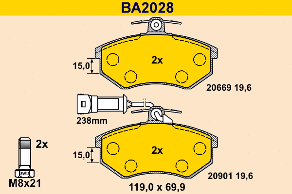 BA2028 BARUM Комплект тормозных колодок, дисковый тормоз (фото 1)