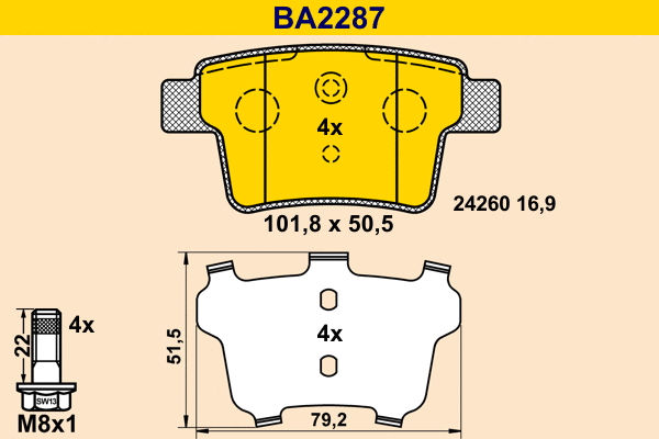 BA2287 BARUM Комплект тормозных колодок, дисковый тормоз (фото 1)