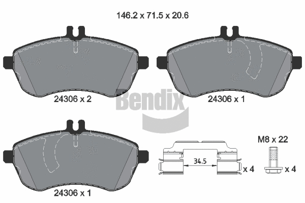 BPD1045 BENDIX Braking Комплект тормозных колодок, дисковый тормоз (фото 1)