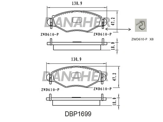 DBP1699 DANAHER Комплект тормозных колодок, дисковый тормоз (фото 1)