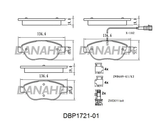 DBP1721-01 DANAHER Комплект тормозных колодок, дисковый тормоз (фото 1)