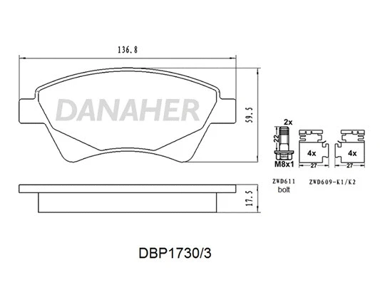 DBP1730/3 DANAHER Комплект тормозных колодок, дисковый тормоз (фото 1)