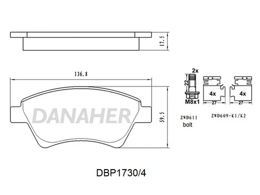 DBP1730/4 DANAHER Комплект тормозных колодок, дисковый тормоз (фото 1)