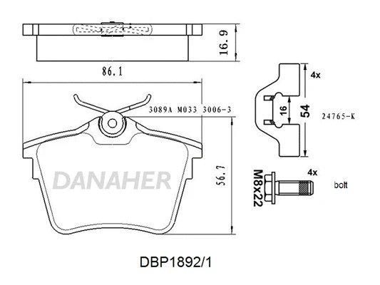 DBP1892/1 DANAHER Комплект тормозных колодок, дисковый тормоз (фото 1)