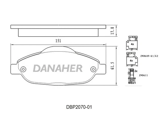 DBP2070-01 DANAHER Комплект тормозных колодок, дисковый тормоз (фото 1)