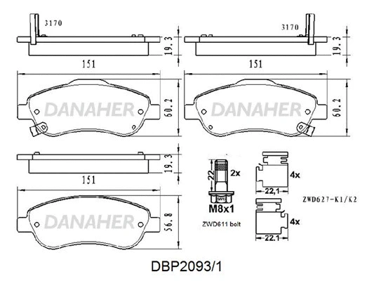 DBP2093/1 DANAHER Комплект тормозных колодок, дисковый тормоз (фото 1)
