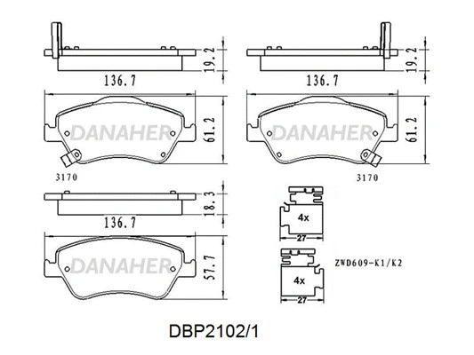 DBP2102/1 DANAHER Комплект тормозных колодок, дисковый тормоз (фото 1)