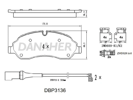 DBP3136 DANAHER Комплект тормозных колодок, дисковый тормоз (фото 1)