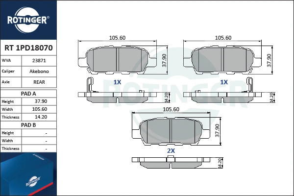 RT 1PD18070 ROTINGER Комплект тормозных колодок, дисковый тормоз (фото 1)