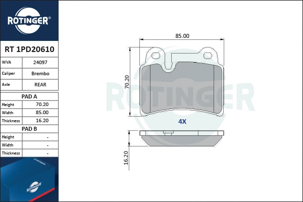 RT 1PD20610 ROTINGER Комплект тормозных колодок, дисковый тормоз (фото 1)