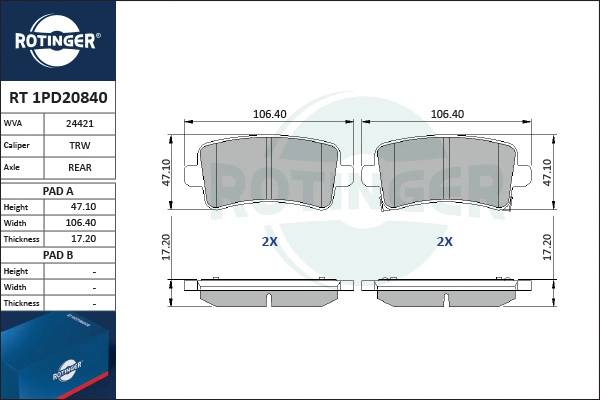 RT 1PD20840 ROTINGER Комплект тормозных колодок, дисковый тормоз (фото 1)