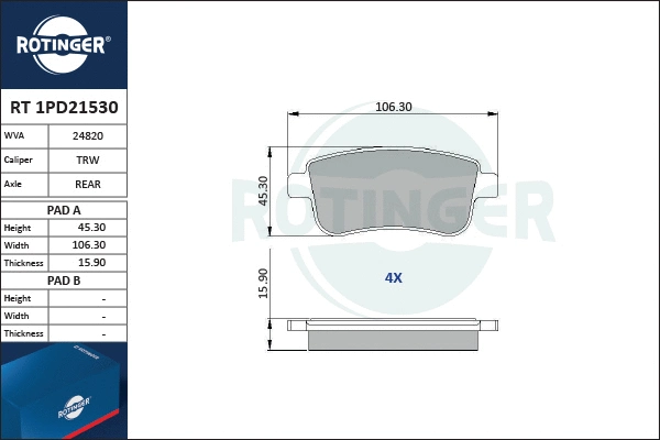 RT 1PD21530 ROTINGER Комплект тормозных колодок, дисковый тормоз (фото 1)