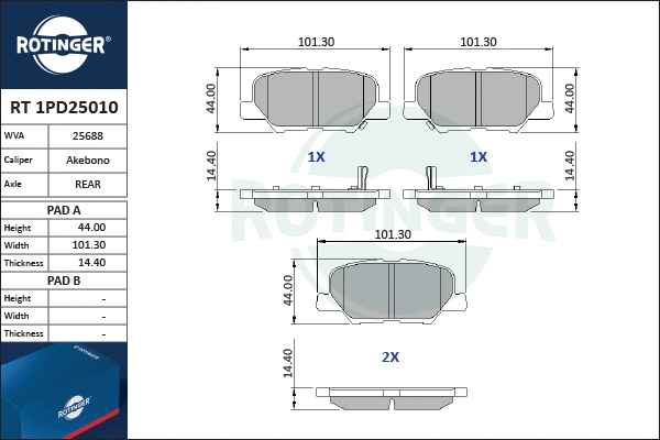 RT 1PD25010 ROTINGER Комплект тормозных колодок, дисковый тормоз (фото 1)