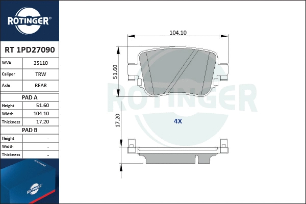 RT 1PD27090 ROTINGER Комплект тормозных колодок, дисковый тормоз (фото 1)