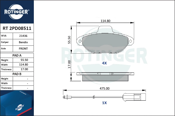 RT 2PD08511 ROTINGER Комплект тормозных колодок, дисковый тормоз (фото 1)