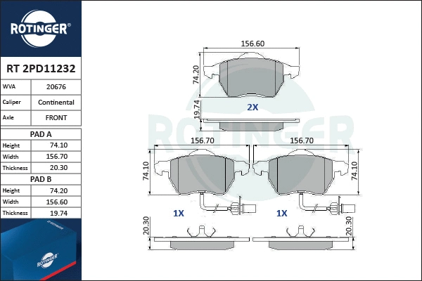 RT 2PD11232 ROTINGER Комплект тормозных колодок, дисковый тормоз (фото 1)