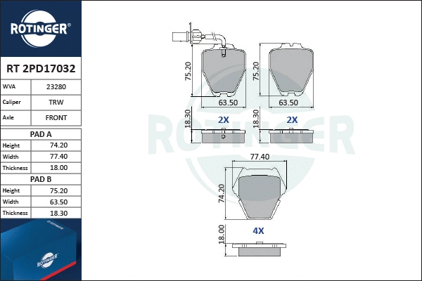 RT 2PD17032 ROTINGER Комплект тормозных колодок, дисковый тормоз (фото 1)