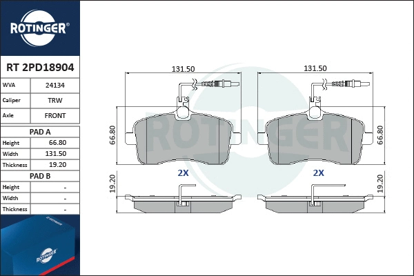 RT 2PD18904 ROTINGER Комплект тормозных колодок, дисковый тормоз (фото 1)