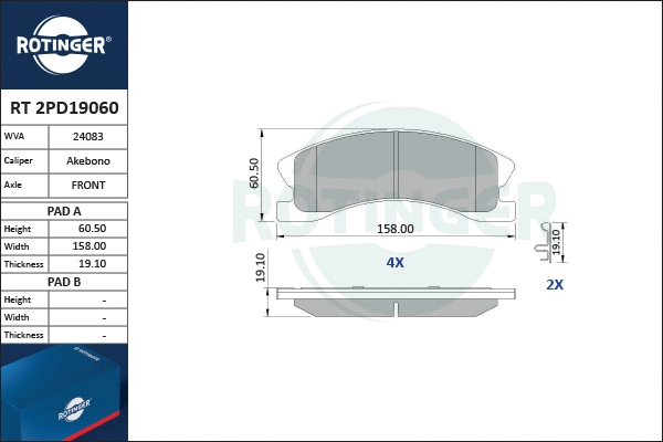 RT 2PD19060 ROTINGER Комплект тормозных колодок, дисковый тормоз (фото 1)