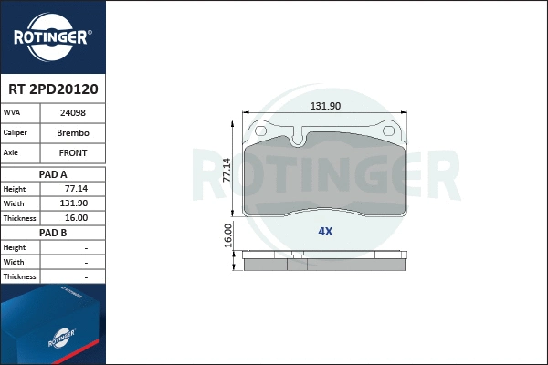 RT 2PD20120 ROTINGER Комплект тормозных колодок, дисковый тормоз (фото 1)