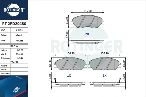 RT 2PD20480 ROTINGER Комплект тормозных колодок, дисковый тормоз (фото 1)