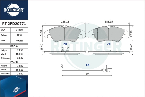 RT 2PD20771 ROTINGER Комплект тормозных колодок, дисковый тормоз (фото 1)