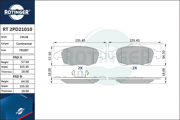 RT 2PD21010 ROTINGER Комплект тормозных колодок, дисковый тормоз (фото 1)