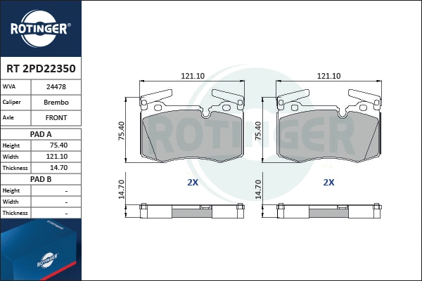 RT 2PD22350 ROTINGER Комплект тормозных колодок, дисковый тормоз (фото 1)