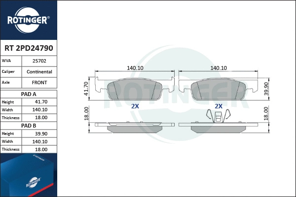 RT 2PD24790 ROTINGER Комплект тормозных колодок, дисковый тормоз (фото 1)