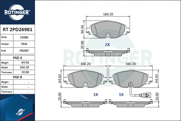 RT 2PD26981 ROTINGER Комплект тормозных колодок, дисковый тормоз (фото 1)