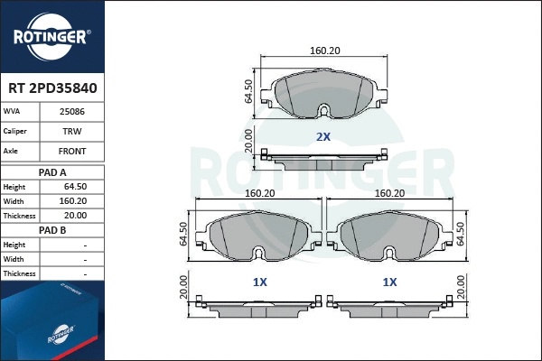 RT 2PD35840 ROTINGER Комплект тормозных колодок, дисковый тормоз (фото 1)