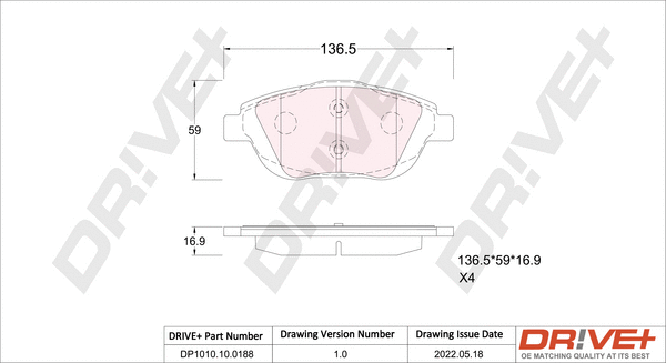 DP1010.10.0188 Dr!ve+ Комплект тормозных колодок, дисковый тормоз (фото 1)