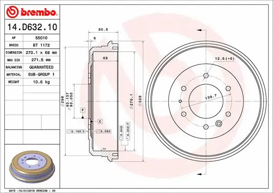 14.D632.10 BREMBO Тормозной барабан (фото 1)