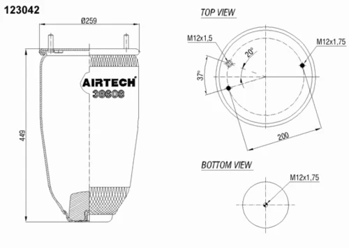 38608P AIRTECH Пневмоподушка без стак. кон. 259-449 2шп.m12x1.75 1шп.шт.m12x1.5 низ.1отв.m12x1.75 ror (фото 1)