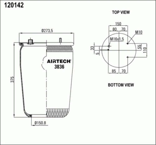 3836P AIRTECH Пневмодушка без стак. без отбойн. 836m 3шп.m10 1отв-шт.m16 смещ.28 н:1отв.d150.8 daf (фото 1)