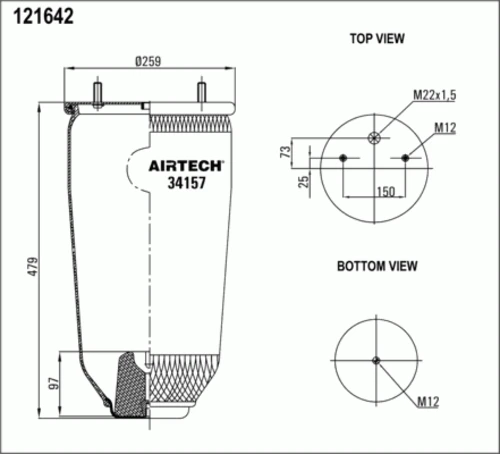 34157P AIRTECH Пневмоподушка без стак. h479 2шп.m12смещ.25. 1отв.штуц.m22. 1отв.m12 ror (фото 1)