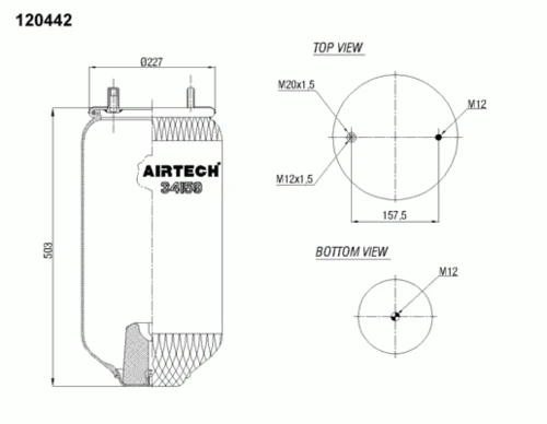 34159P AIRTECH Пневмоподушка без стакана 1шп. m12. 1шп-штуц. m12x20. h: 1отв.m12. d116 fruehauf,smb (фото 1)