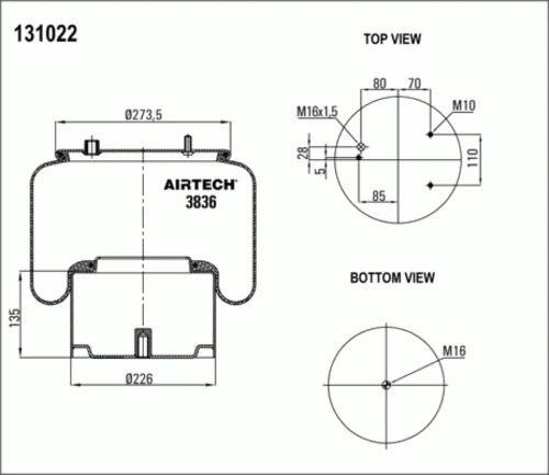 3836K AIRTECH Пневмоп. со стак. без отбойн. 836mk1 3шп.m10 1отв-шт.m16 смещ.28 поршень сталь 1отв.m16 daf (фото 1)