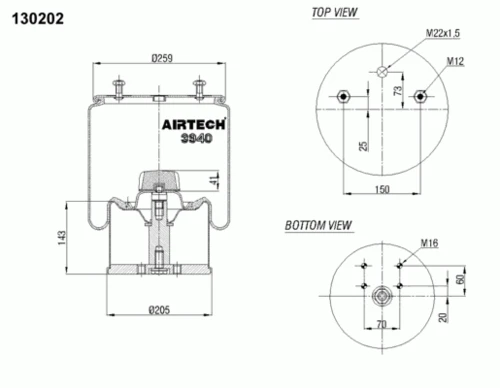 3940K AIRTECH Пневмопод.со стак.+плита 940mb h423 2шп.m12смещ.25. 1отв.штуц.m22.поршень мет. bpw (фото 1)