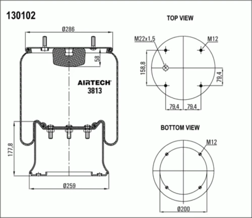 3813K AIRTECH Пневмоподушка со стак 4шп.m12. 1отв.шт.m22. поршень стальн.4отв.m12 saf/ror/trailor/volvo (фото 1)