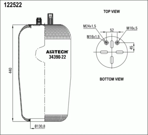 34390-22P AIRTECH Пневмопод. без стак. 4390np22 1шп-шт.м16/24 смещ.52 1штуц.m16 mb actros (фото 1)