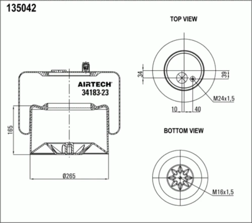 34183-23K AIRTECH Пневмопод. со стак. 4183np23 1шт-шп.м24 смещ.40 поршень сталь 1отв.м16 mb actros (фото 1)