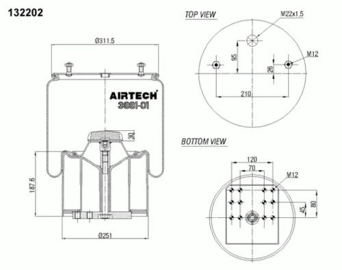 3881-01KPP AIRTECH Пневмопод. со стак. bpw36. 2шп.m12смещ.25. 1отв.штуц.m22.поршень пластик,12 отв.м16 bpw (фото 1)