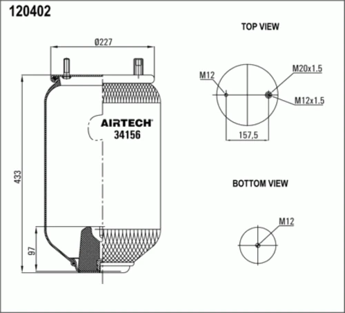 34156P AIRTECH Пневмоподушка без стакана. 1шп.m12 1шп-шт.m12/20 н:1отв.m12 ror,weweler (фото 1)