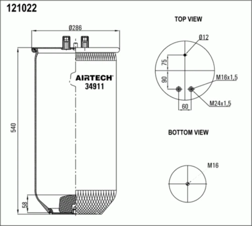 34911P AIRTECH Пневмопод. без стакана 2шп.m12+m16 смещ.30 1шп-штуц.m16/24 1шп.m16 rvi magnum (фото 1)