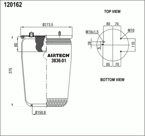 3836-01P AIRTECH Пневмоподушка без стак с отбойн. 836mb 3шп.m10 1отв-шт.m16 смещ.28 н:1отв.d150.8 daf (фото 1)