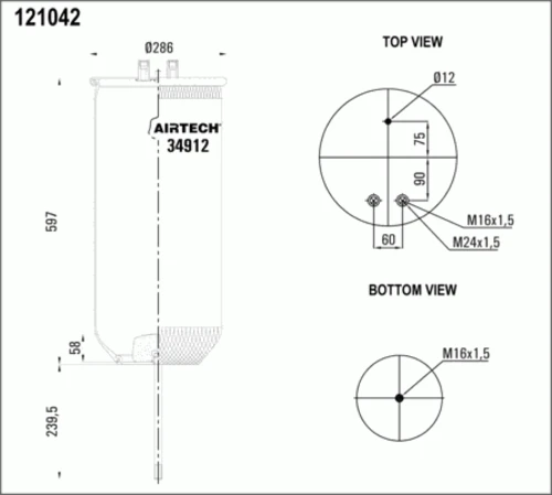 34912P AIRTECH Пневмоподушка без стак. 4912np08 1шп.d12 1отв.шт.m16 1шп-штуц.m12/m24 1шп.m16 rvi premium (фото 1)