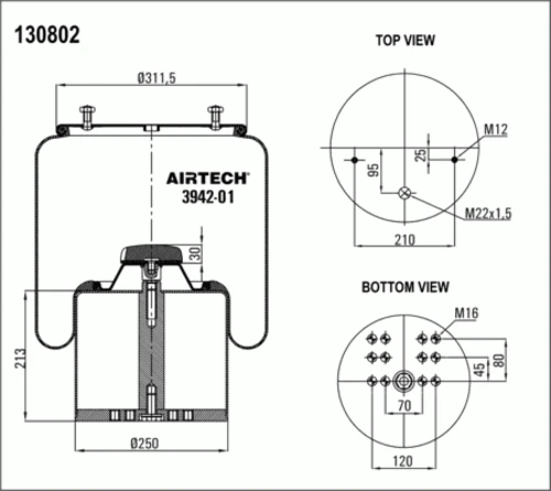 3942-01K AIRTECH Пневмопод.со стак. h600 2шп.m12смещ.25. 1отв.штуц.m22. поршень металл bpw36-1 (фото 1)